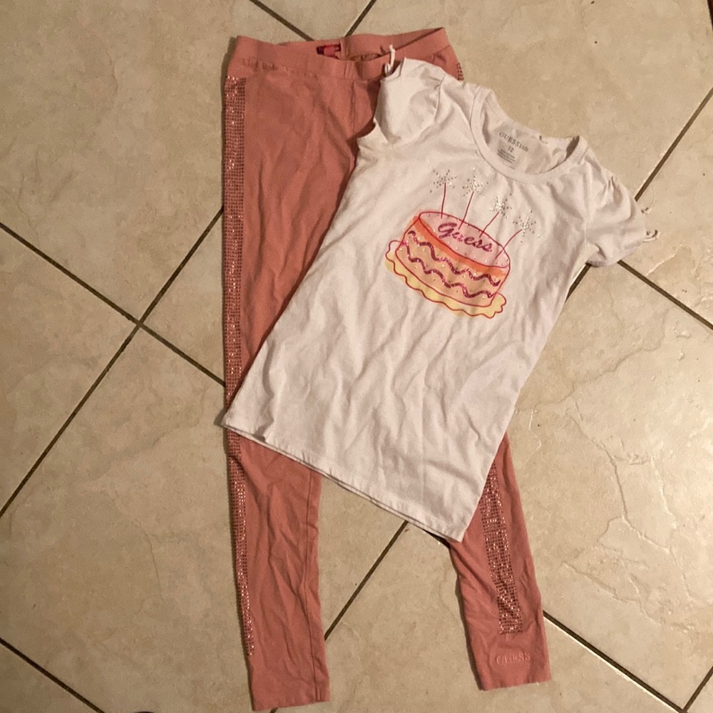 Girls White Graphic Tee & Pink Embellished Leggings Set (top size 12/bottom 14)